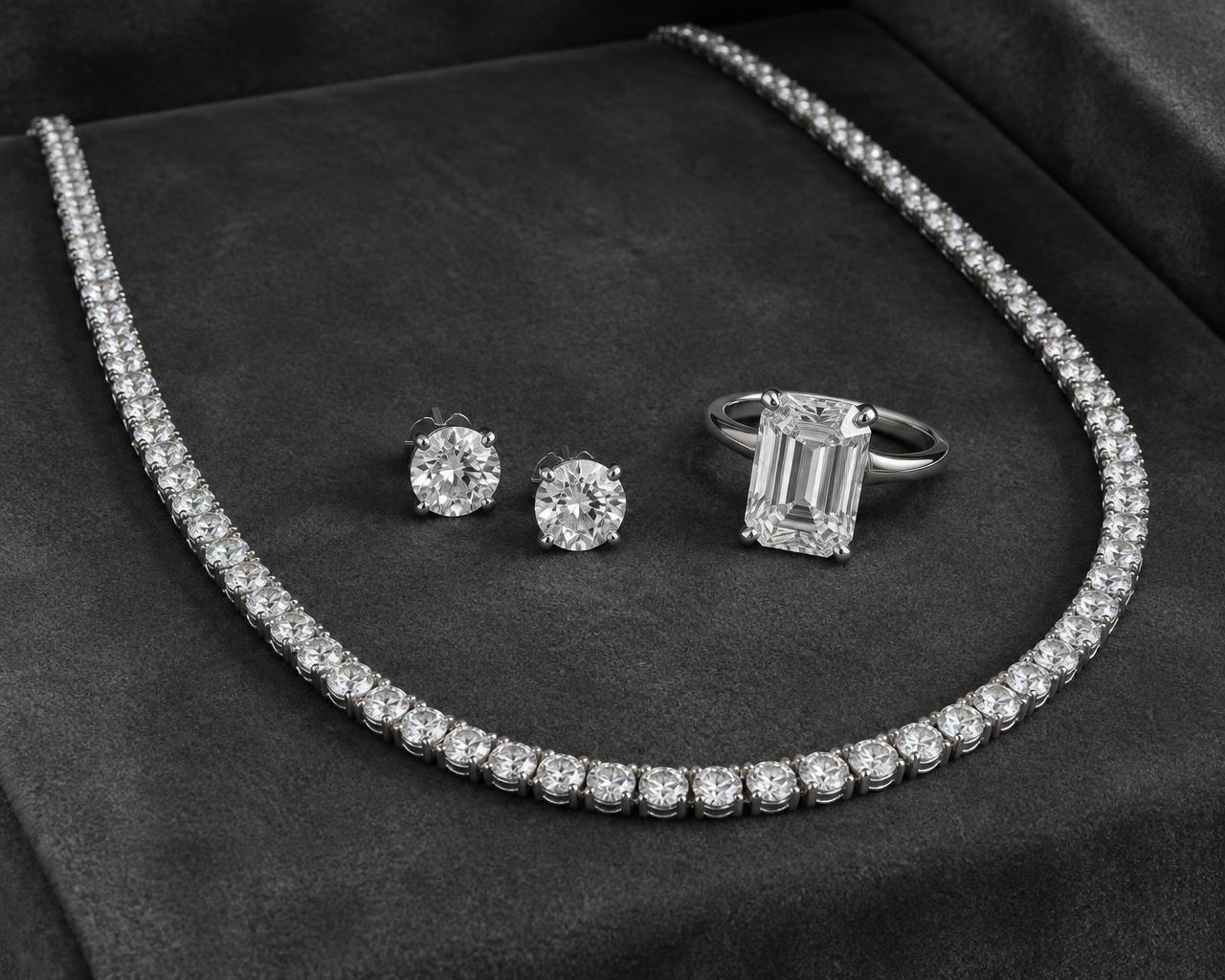 Tennis necklace, stud earrings and emerald-cut ring on gray velvet