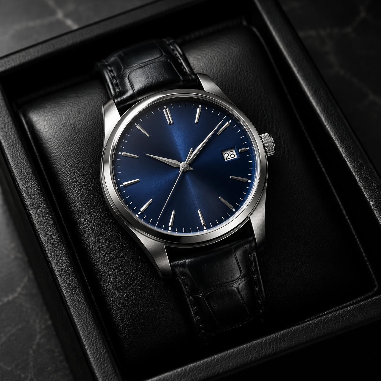 Steel dress watch with blue dial in a black presentation box